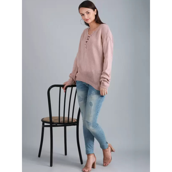 Forever 21 Women's Dusty Rose Lace-Up Front Knit Pullover Sweater Size Large - Picture 3 of 11